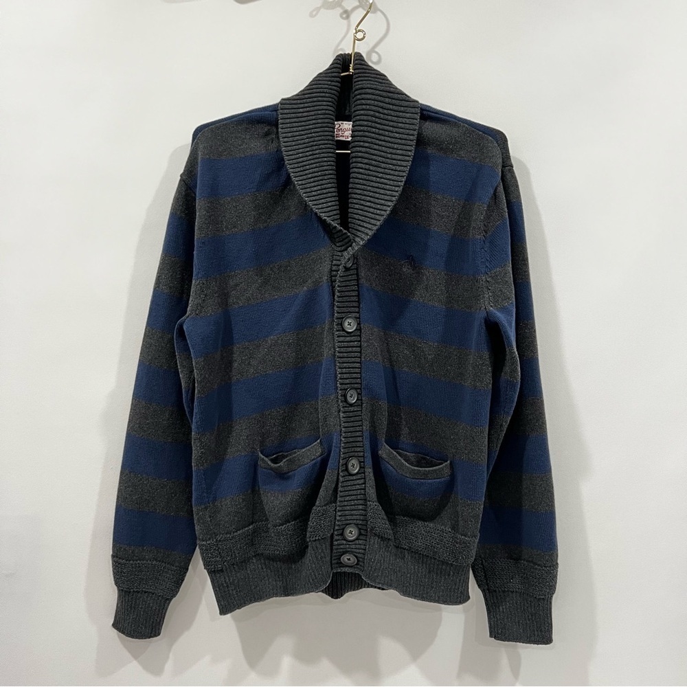 Penguin Striped Shawl-Collar Cardigan Sweater Size XL Navy-Gray Front Pocket